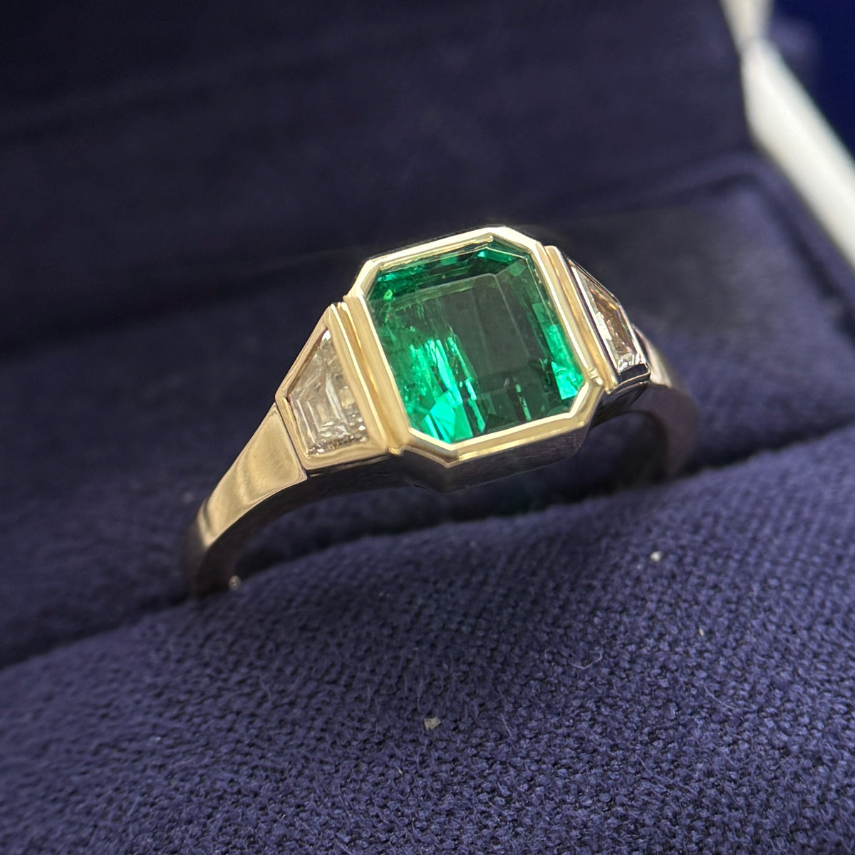 14k Yellow Gold Bezel-low-set 1.66ct Natural Emerald-cut Emerald with 2pc 5x2mm Baguettes Lab Diamond Custom Signet Ring, 8 gram, size 7.5