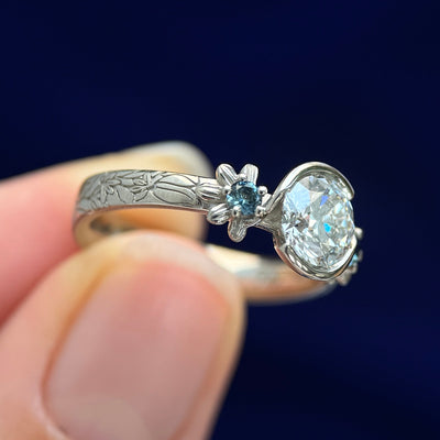 14k Champagne Gold Prongs-set 1ct Lab Diamond with Naupaka Flowers with small Alexandrites on Custom Band, Size 5.5