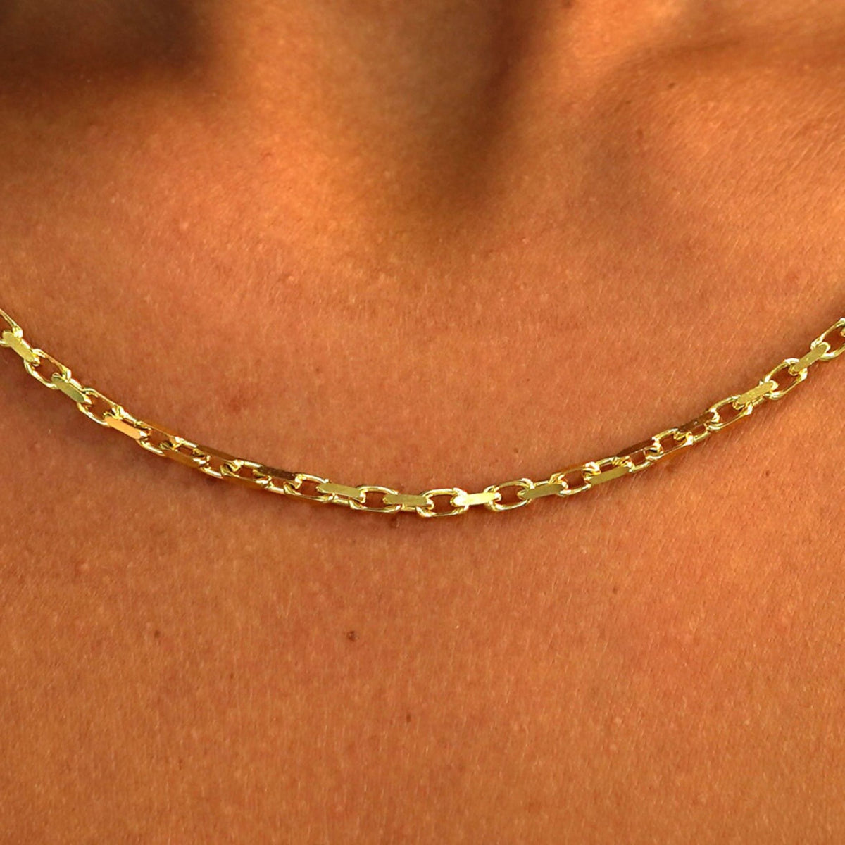 Close up view of a model's neck wearing a solid 14k yellow gold Anchor Chain