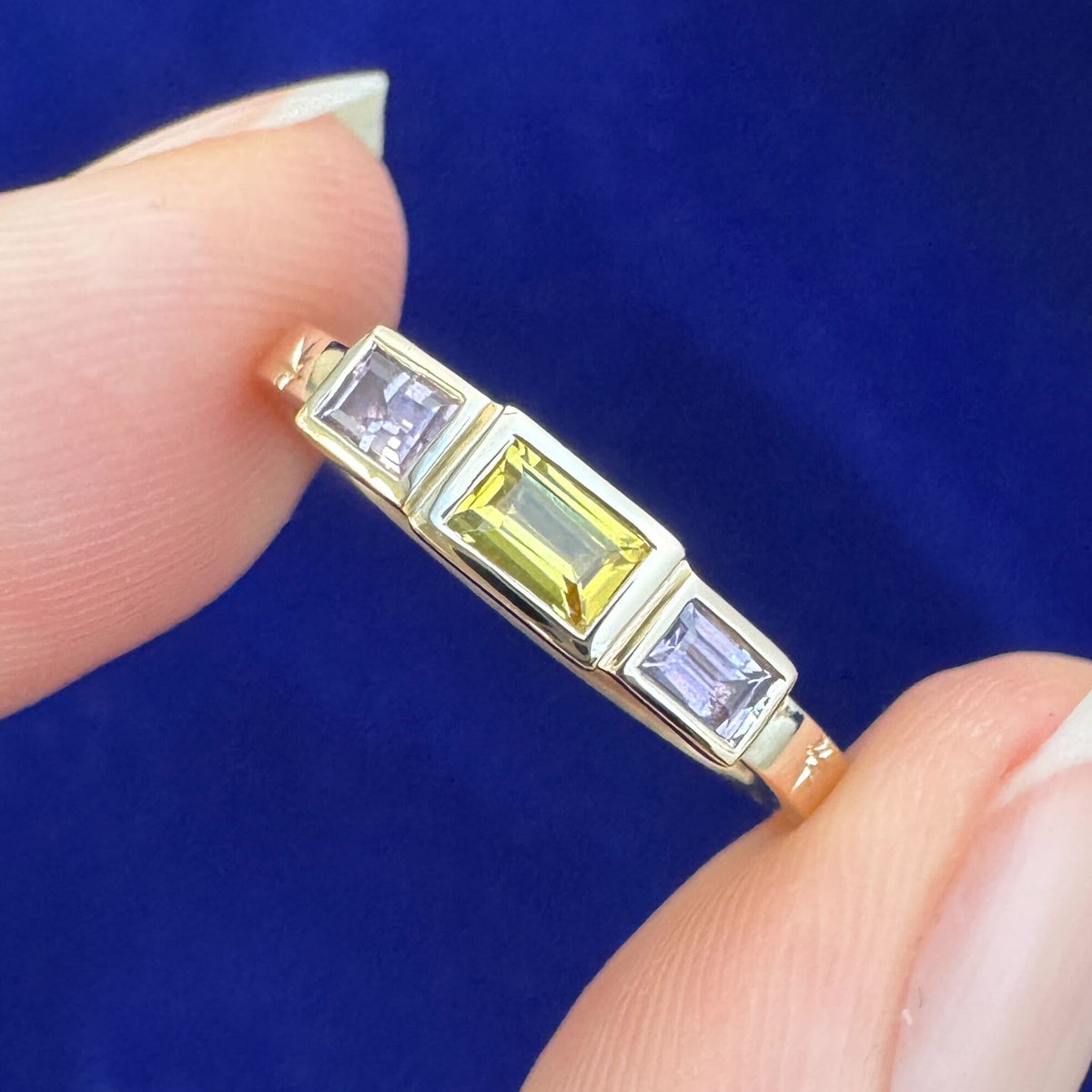14k Yellow Gold Milgrain-bezel-set 0.48ct One Yellow with Two Purple Baguettes Sapphires with 7 stars engraved all around on 2mm Industrial Mirror Band Custom Ring, 3.5 gram, size 5.5