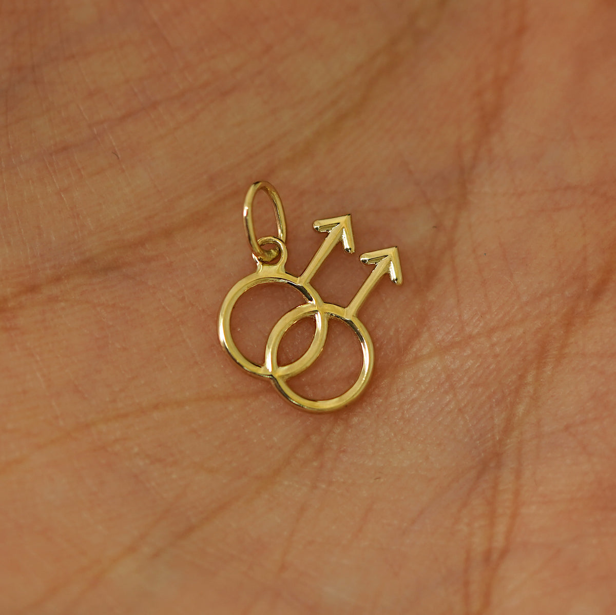 A solid gold Gay Symbol Charm for chain resting in a model's palm