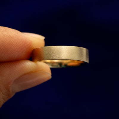 A model holding a Industrial Matte Band tilted to show the side of the ring