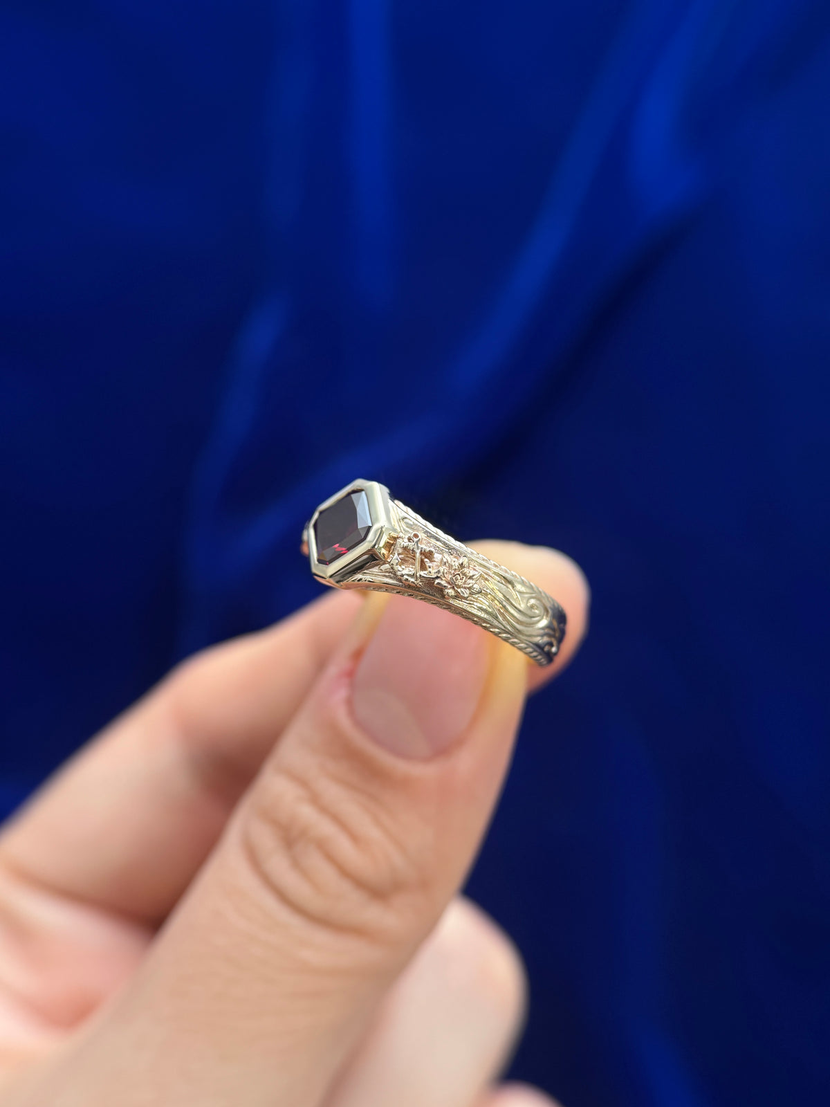 14k Yellow Gold and 1ct Red Asscher Lab Diamond on Tapered Band Ship, Waves, Anchor, Flower, Rope Engraved inside and outside Custom Ring, size 5.85