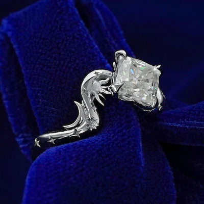 14k White Gold Petal Set 6mm Princess Cut Moissanite with Organic Meets Celestial Engravings Custom Ring Size 6.75