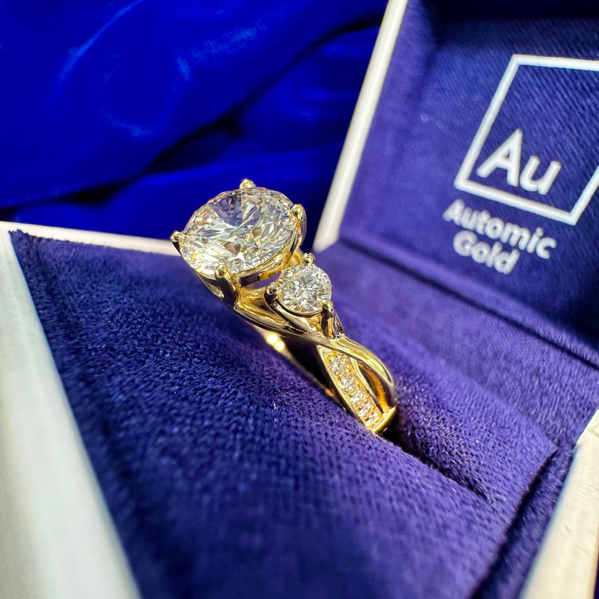 14k Yellow Gold 1.51ct Round Lab Diamond with 2 Round Lab Diamonds and Half Pave Lab Diamonds Twisted Band Custom Ring Size 8