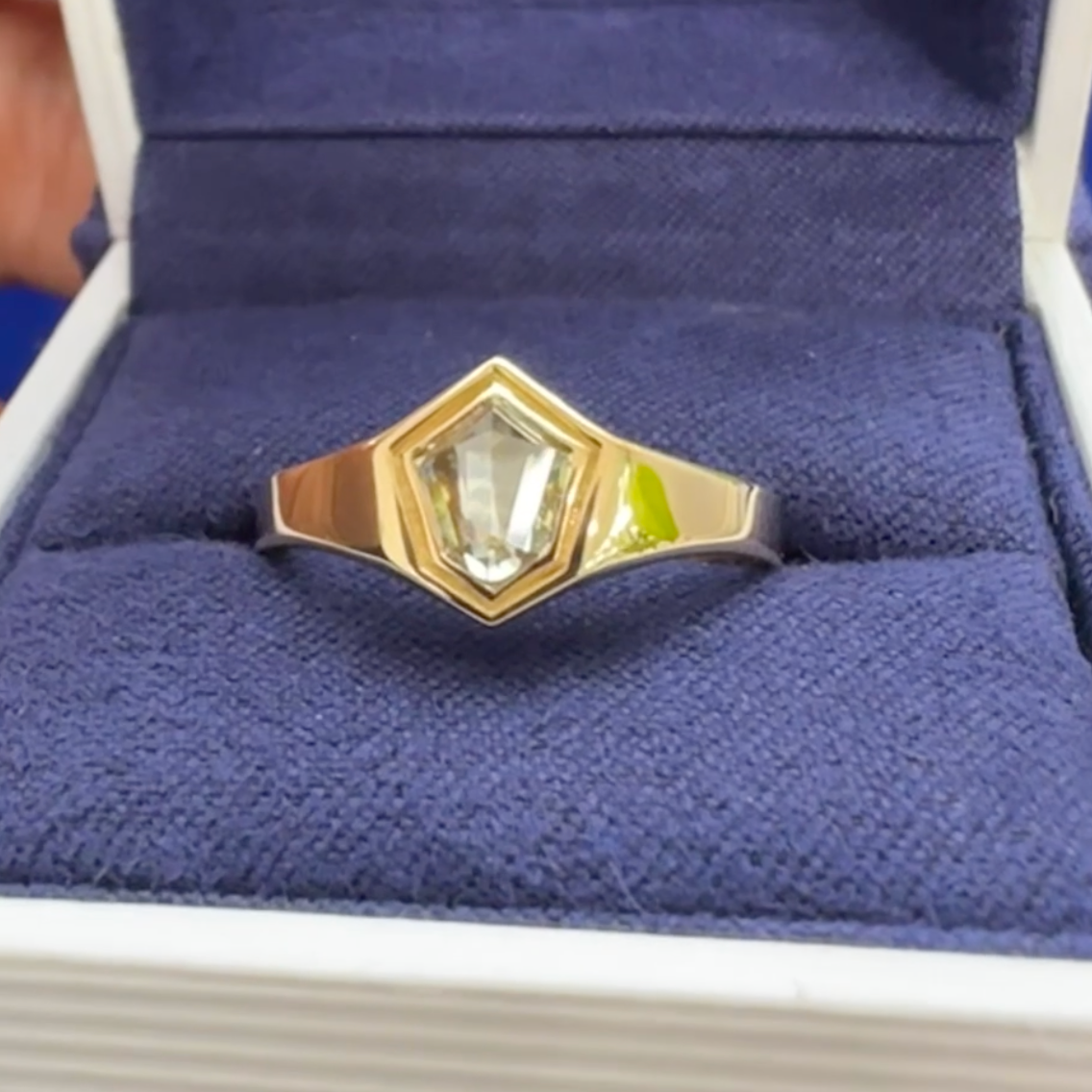 18k Yellow Gold with 0.42ct 6.59 x 5.66mm Modified Hexagon Dark Green Diamond Custom Tapered Band, Size 7