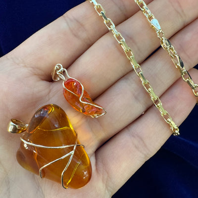  14k yellow gold wire wrap customers fire opal into custom pendant & 14k yellow gold wire wrap customers amber into custom pendant & Anchor Chain - 14k Yellow Gold / 18 inch