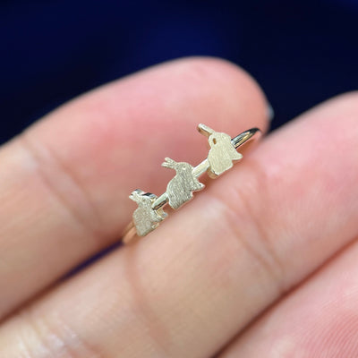 14k Yellow Gold 3 bunnies on Custom Thin Band, Size 5