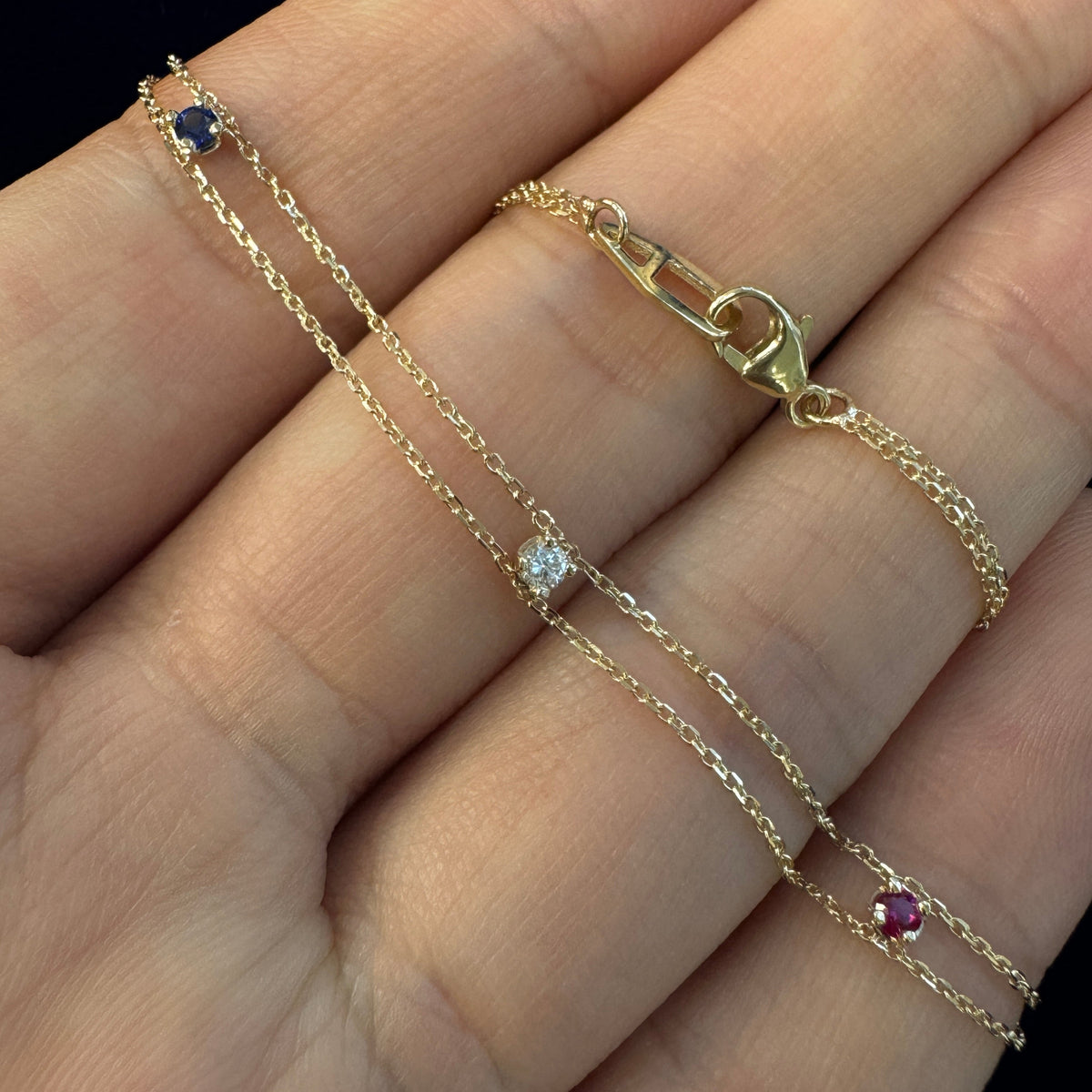 14k Yellow Gold Custom 3 Gemstone Cable Bracelet w/ 1 Ruby, 1 Diamond, & 1 Sapphire