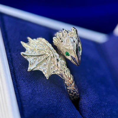 14k Champagne Gold Wrap Around Dragon with Scales and Emeralds Custom Ring Size 6.5