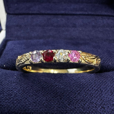 14k Yellow Gold Prongs-set 2.5mm Round Pink Sapphire, Diamond, Ruby, & Purple Sapphire on 2.5mm Leaves Band Custom Ring in a blue ring box