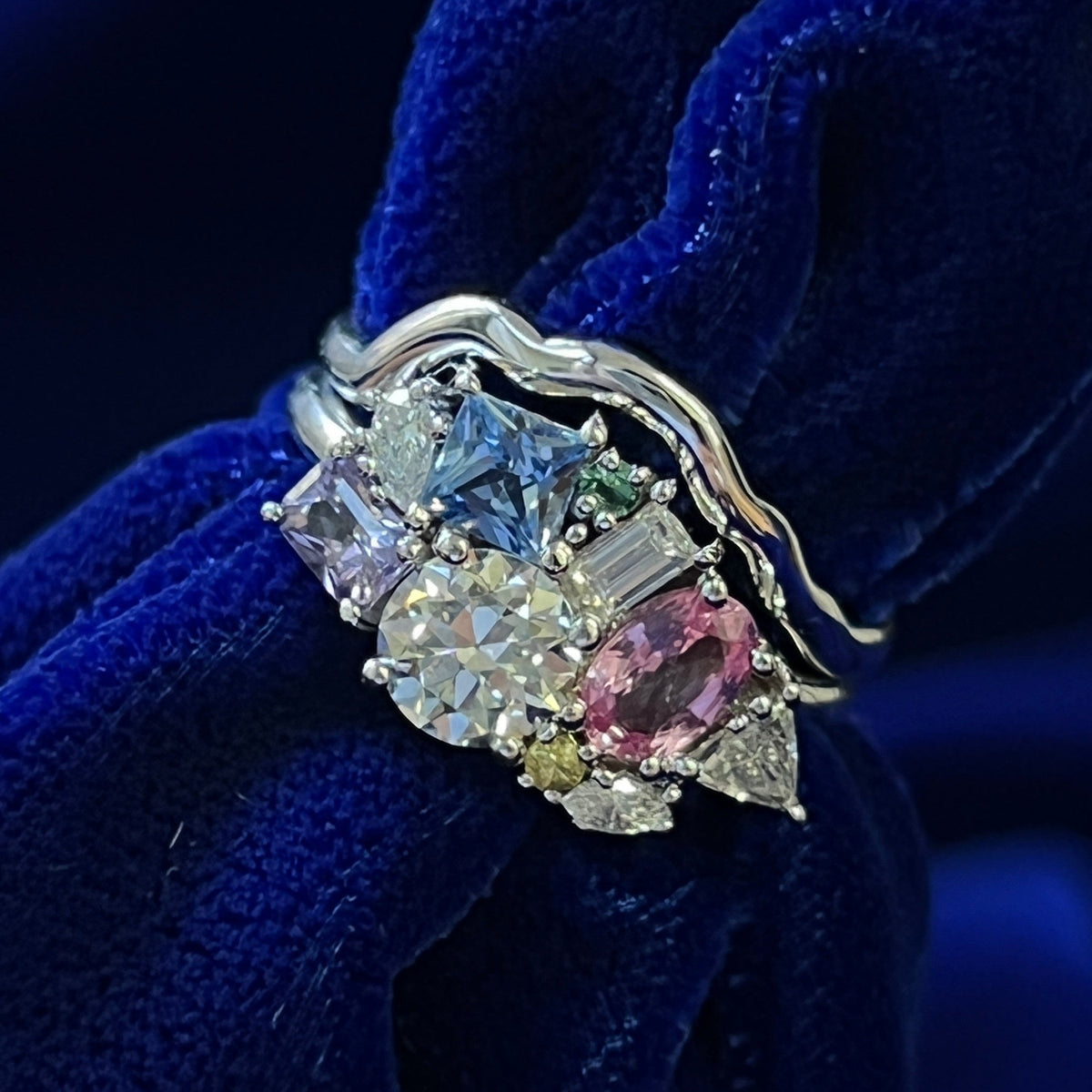 950 Platinum Mixed Shaped Sapphires and Antique Old Euro Cut Diamonds Cluster Custom Ring with a nesting band