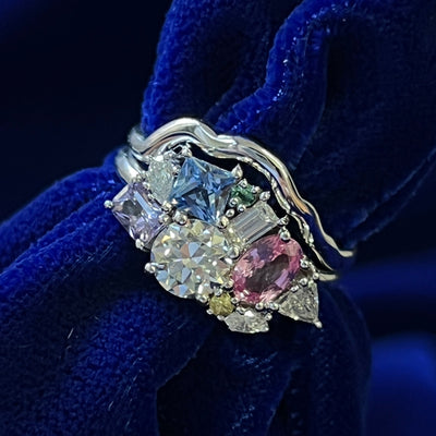 950 Platinum Mixed Shaped Sapphires and Antique Old Euro Cut Diamonds Cluster Custom Ring with a nesting band