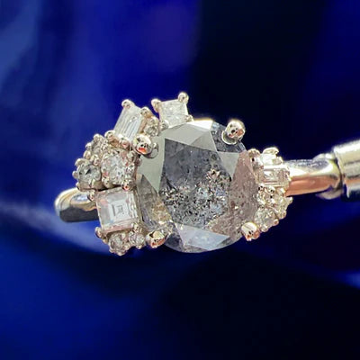 14k Champagne Gold 1.5ct Salt and Pepper Diamond 0.38ctw Carre cut and Round Diamonds Size 8.75