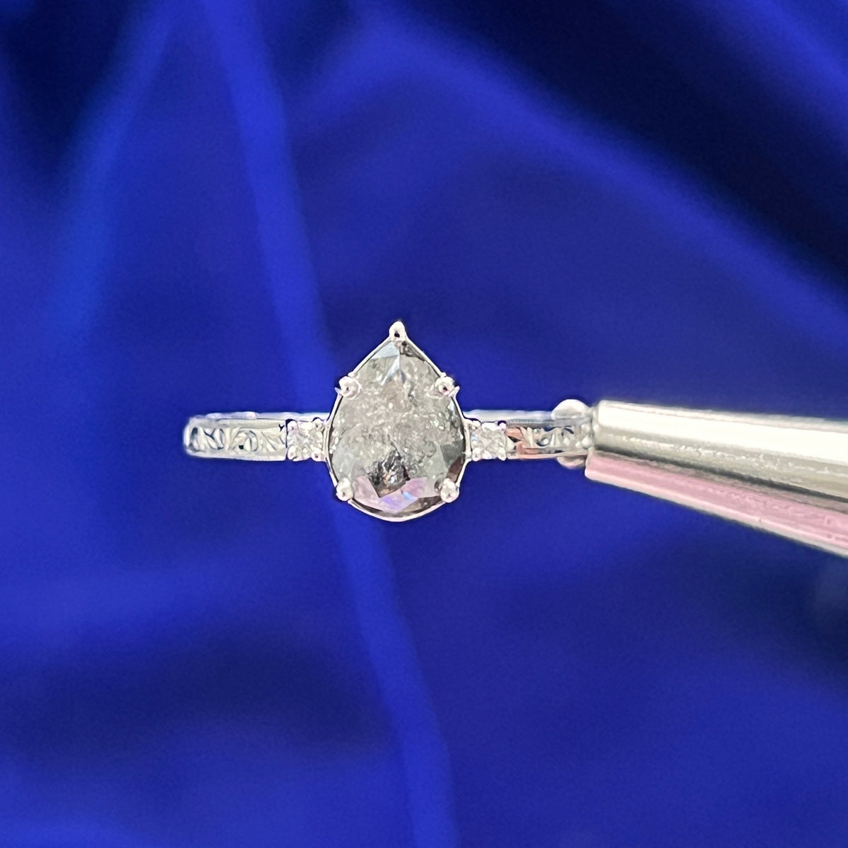 14k White Rose-cut Salt and Pepper Pear Diamond Three stone Filigree Band Custom Ring