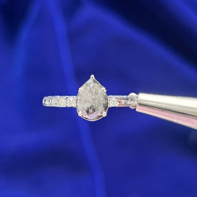 14k White Rose-cut Salt and Pepper Pear Diamond Three stone Filigree Band Custom Ring