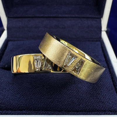 14k Yellow Gold Double Baguette Diamond Bands 5mm Brushed and Mirror Custom Rings Set