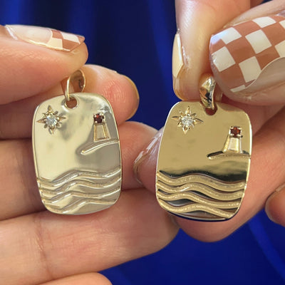 14k Yellow Gold with Star set Diamond and Ruby Lighthouse Engraved Waves on Rectangular Matching Custom Pendants set of two