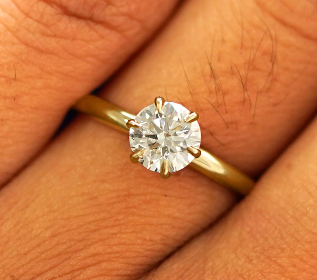 Close up view of a model's hand wearing a Round Lab Diamond Ring