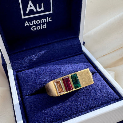 22k Yellow Gold 6x3mm Baguette Lab Emerald with Lab Ruby and Lab Diamond on Rectangular Custom Signet Ring