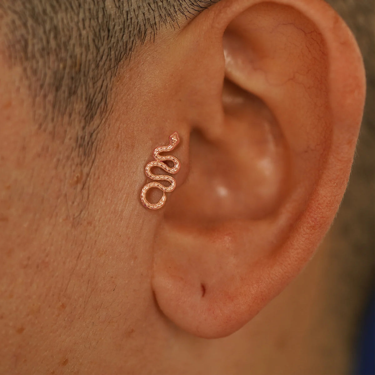 Close up view of a model's ear wearing a rose gold Snake Flatback in a tragus piercing