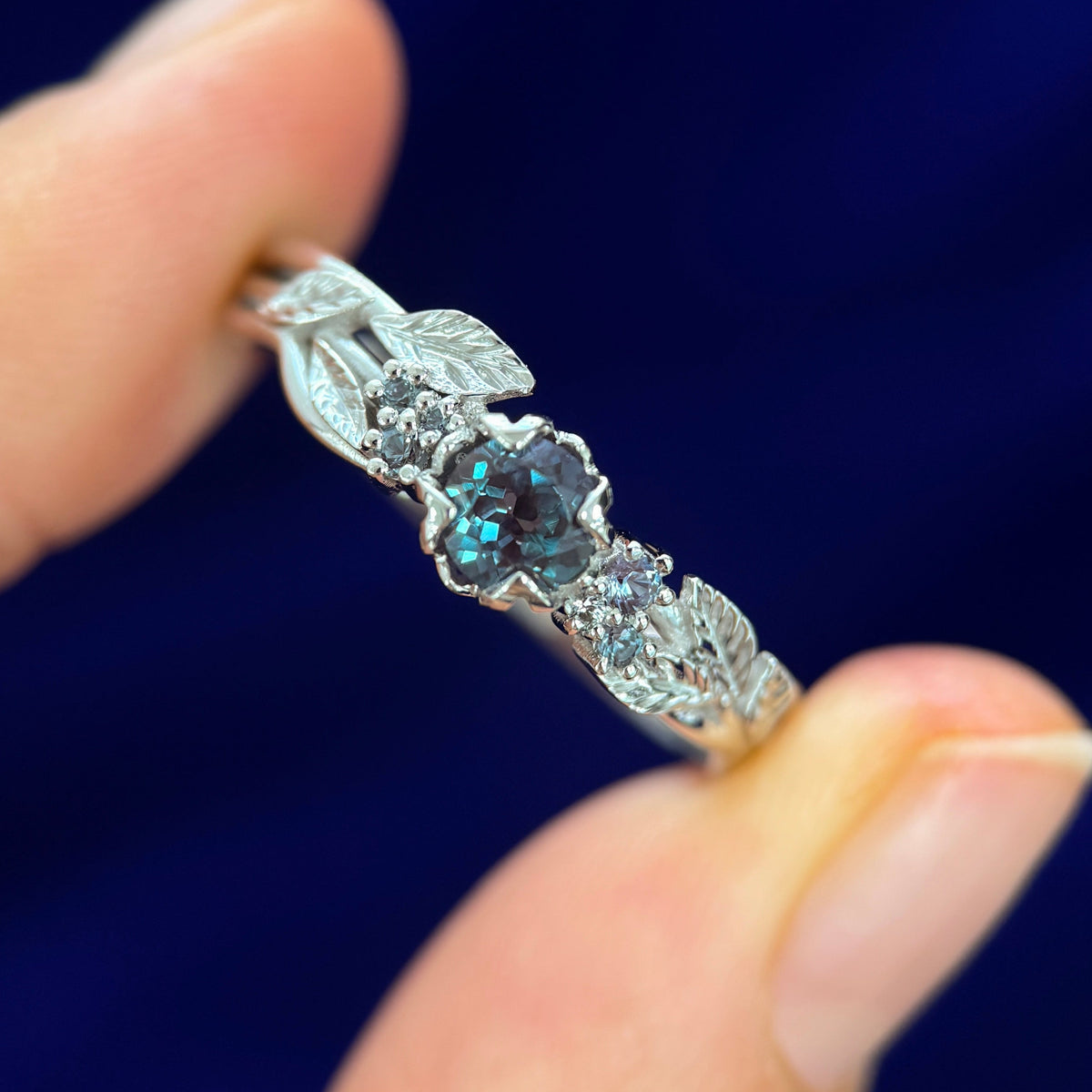 950 Platinum 5mm Alexandrite with Small Alexandrite on Custom Leaves Band, size 12.5