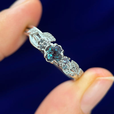 950 Platinum 5mm Alexandrite with Small Alexandrite on Custom Leaves Band, size 12.5