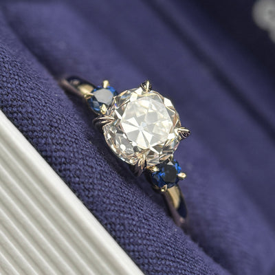 14k Yellow Gold with 1.50ct Custom-grown Antique-cut Round Lab Diamond with 2pc 3mm Lab Sapphires on 2mm Mix Mirror Band Custom Ring, size 8.25