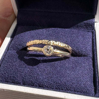 14k Yellow Gold & Customers Antique 4mm Diamond Bezel set on 2mm Curvy Mirror Band Custom Ring and 14k Yellow Gold 2mm Curvy Mirror Nesting Band, size 7.75