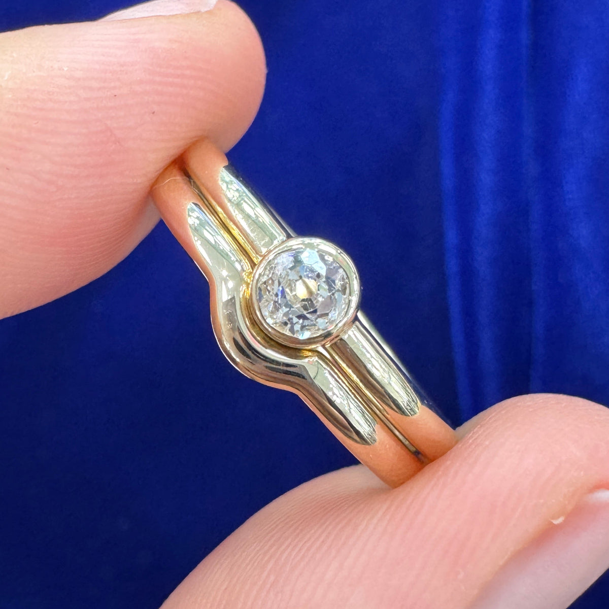 14k Yellow Gold with Customers Antique 4mm Diamond Bezel set on 2mm Curvy Mirror Band Custom Ring and 14k Yellow Gold 2mm Curvy Mirror Band Nesting around Ring, size 7.75 