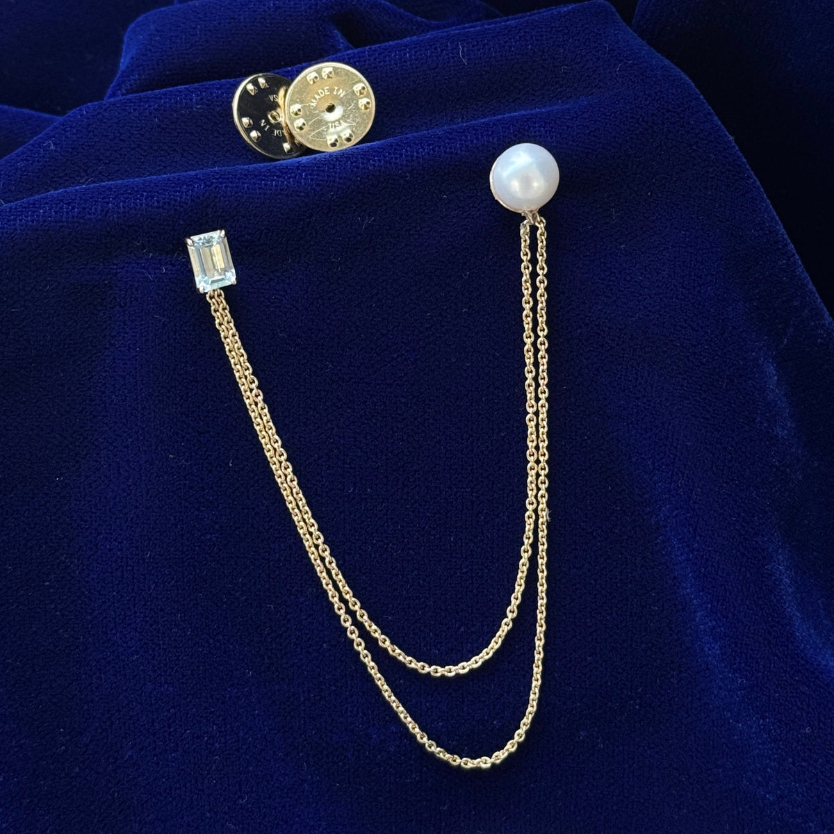 14k Yellow Gold with Prongs-set 7x5mm Emerald-cut Aquamarine and 8mm White Pearl on 5" Thick Cable Double Chain Custom Lapel with gold-filled pins