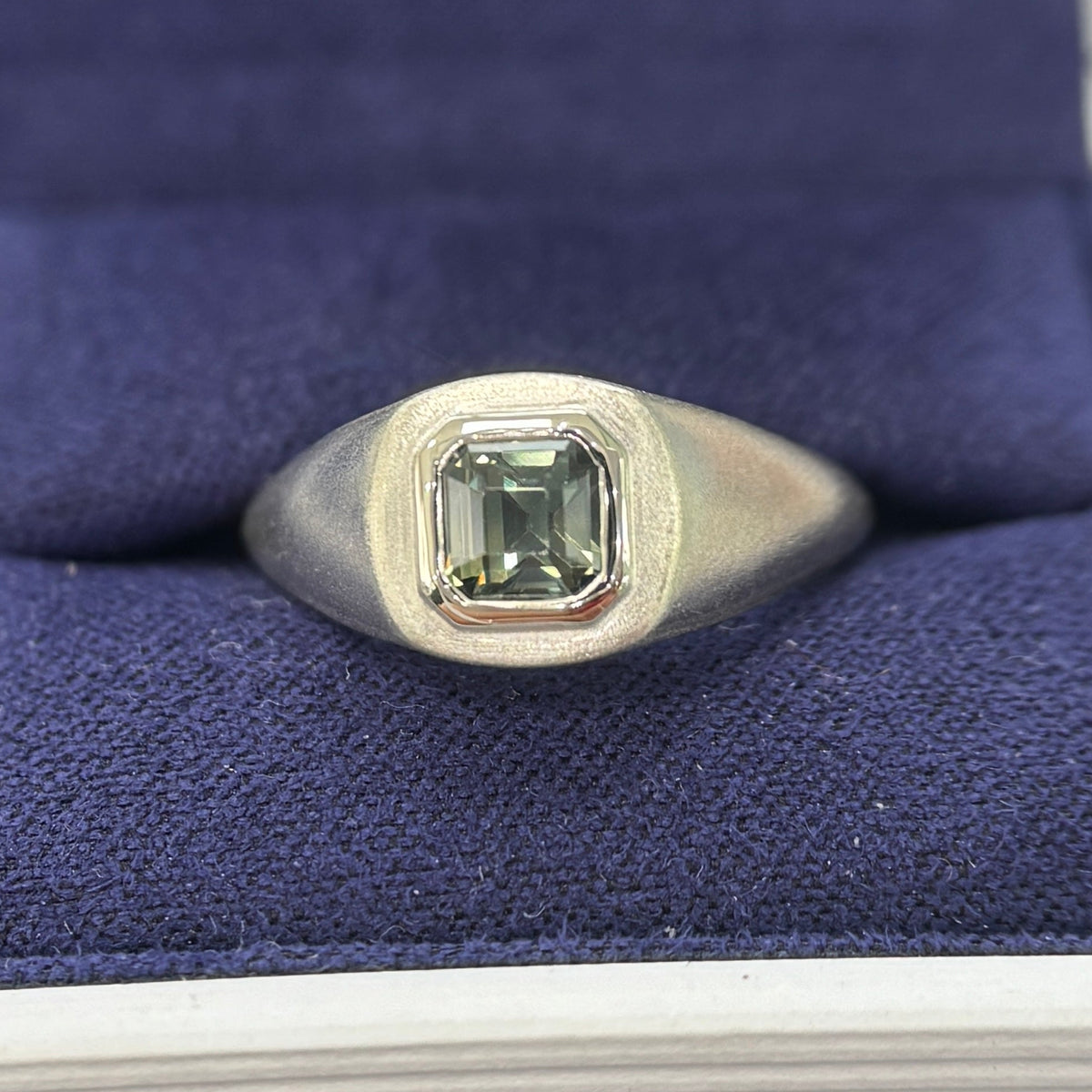 14k White Gold with 1.12ct Asscher Green Sapphire Signet Custom Ring, Size 7
