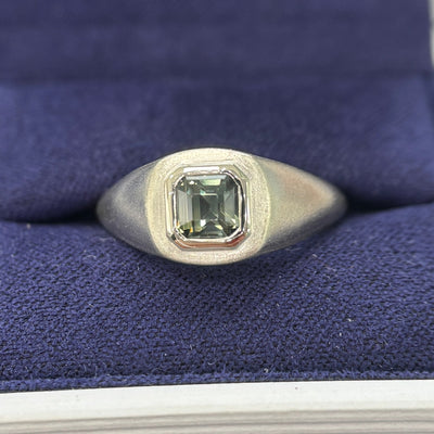 14k White Gold with 1.12ct Asscher Green Sapphire Signet Custom Ring, Size 7