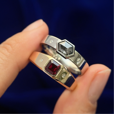 14k Yellow Gold and 5mm Asscher Lab Ruby with 950 Platinum and 1.18ct Hexagon Salt and pepper Diamond Couples Matching Rings Set, size 8.5 and 9