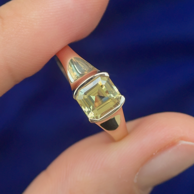 14k Yellow Gold Half-bezel 1.36ct Asscher Sapphire on 2.5mm Band Custom Ring, Size 6.75