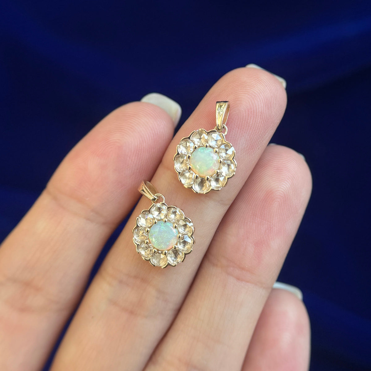 Two 14k Yellow Gold and 0.30ct 5.2mm Australian Opal with Round Clear Diamonds Halo Custom Pendants