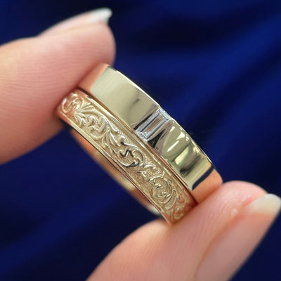 14k Yellow Gold and 2x4mm Baguette Lab Diamond on 4mm Industrial Mirror Band Custom Ring with Filigree Band, both in size 8.25 