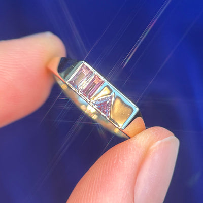 14k Yellow Gold with 4x2mm Baguette and 2mm Round and 3mm Triangle Lab Alexandrites flash-set on 12x5mm Signet Custom Ring, size 7