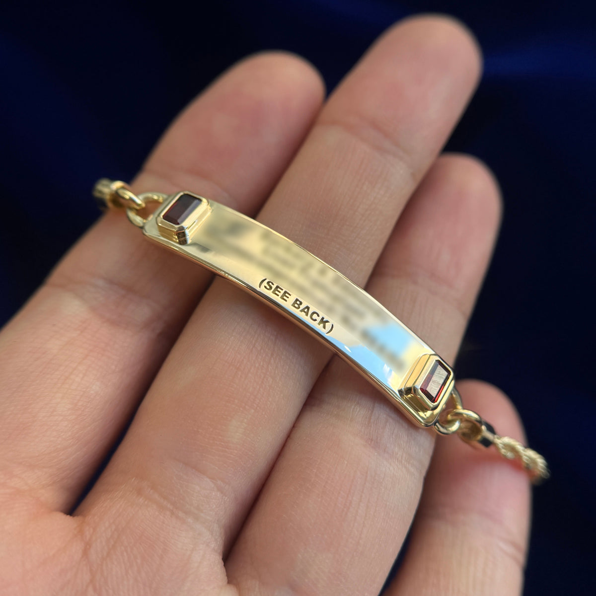 18k Yellow Gold Engraved Bar with 2pcs Small Garnets Flush-set on 7 inches on 2.5mm Rope Chain Custom Medical ID Bracelet