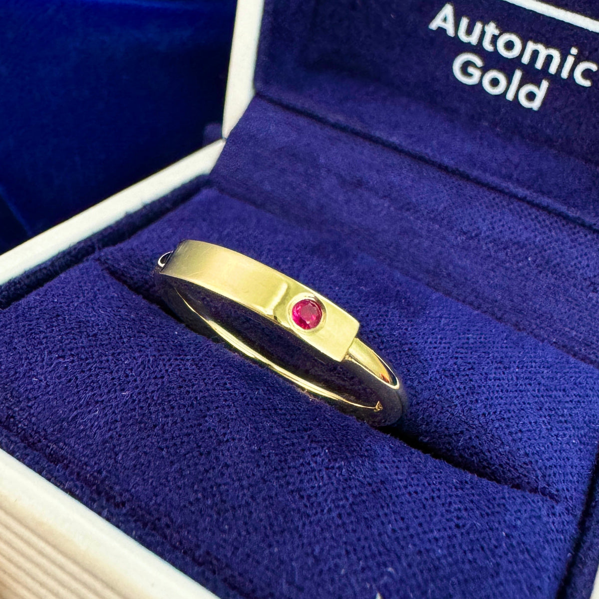 14k Yellow Gold 3x12mm Bar with 2mm flush-set Round Ruby and 2mm Curvy Band Custom Ring 