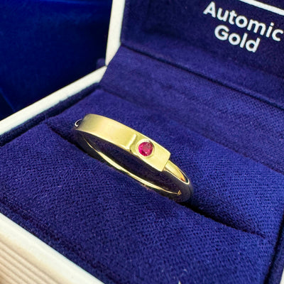 14k Yellow Gold 3x12mm Bar with 2mm flush-set Round Ruby and 2mm Curvy Band Custom Ring 