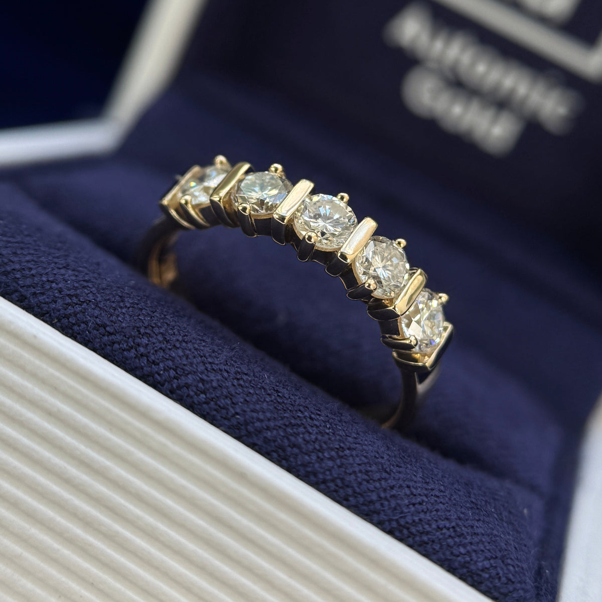 14k Yellow Gold and Prongs-and-bars-set 4pc Customers with 1pc Lab 3.7mm Diamonds on 3.5mm Industrial Mirror Band Custom Ring, 4 gram, size 7