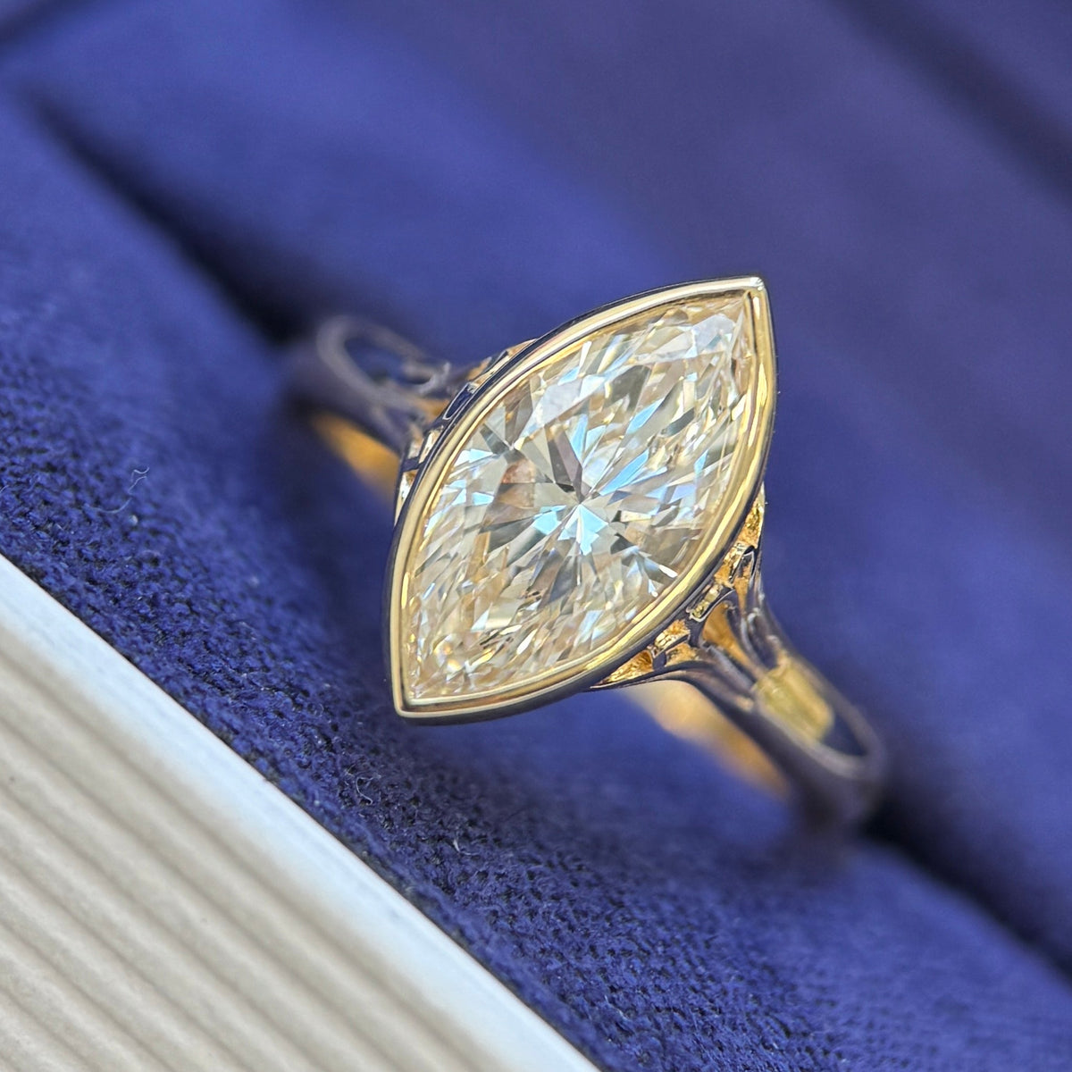 14k Yellow Gold and Cathedral Arches Bezel 1.5ct Marquise Lab Diamond with Pave Birthstone Bridge and Hidden Small Marquise Lab Diamonds Custom Ring, size 4.5