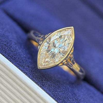 14k Yellow Gold and Cathedral Arches Bezel 1.5ct Marquise Lab Diamond with Pave Birthstone Bridge and Hidden Small Marquise Lab Diamonds Custom Ring, size 4.5