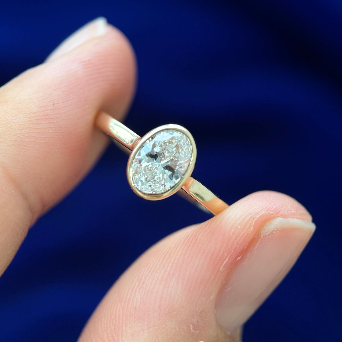  14k Yellow Gold & Open-bezel-set 0.75ct Oval Lab Diamond on Thin Band Custom Ring, size 5.5