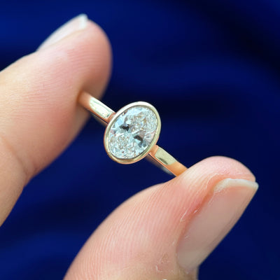  14k Yellow Gold & Open-bezel-set 0.75ct Oval Lab Diamond on Thin Band Custom Ring, size 5.5