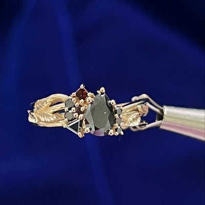 14k Yellow Gold and Black Pear Diamond with Red and Black Various Diamonds Leaves and Vines Custom Ring
