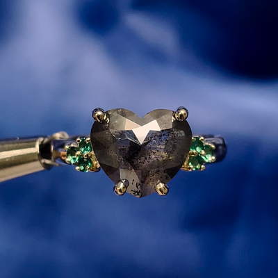 14k Yellow Gold and Heart Salt and pepper Diamond with Emeralds Custom Ring