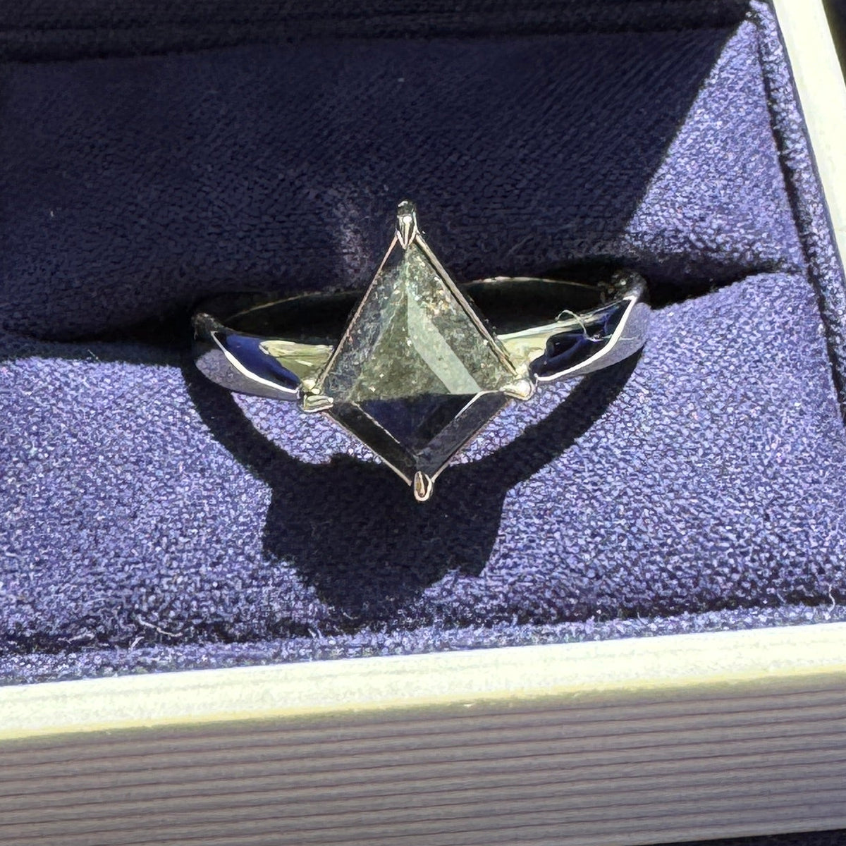 14k Champagne Gold and 4-claw-prongs-low-set 2.2ct Black Kite Diamond on Plain Band Custom Ring, 4 gram, size 9