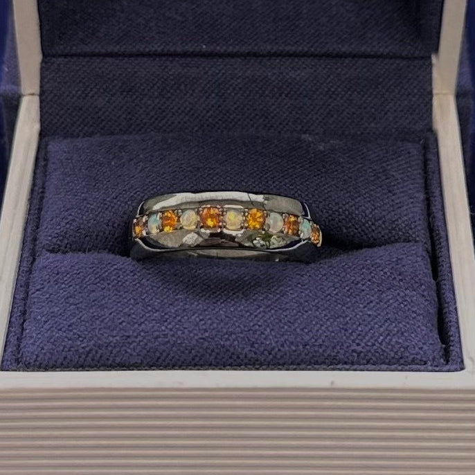 Black Rhodium 14k White Gold with 2mm Round Opal and Citrine Half-way Around 6mm Band Custom Ring, size 6